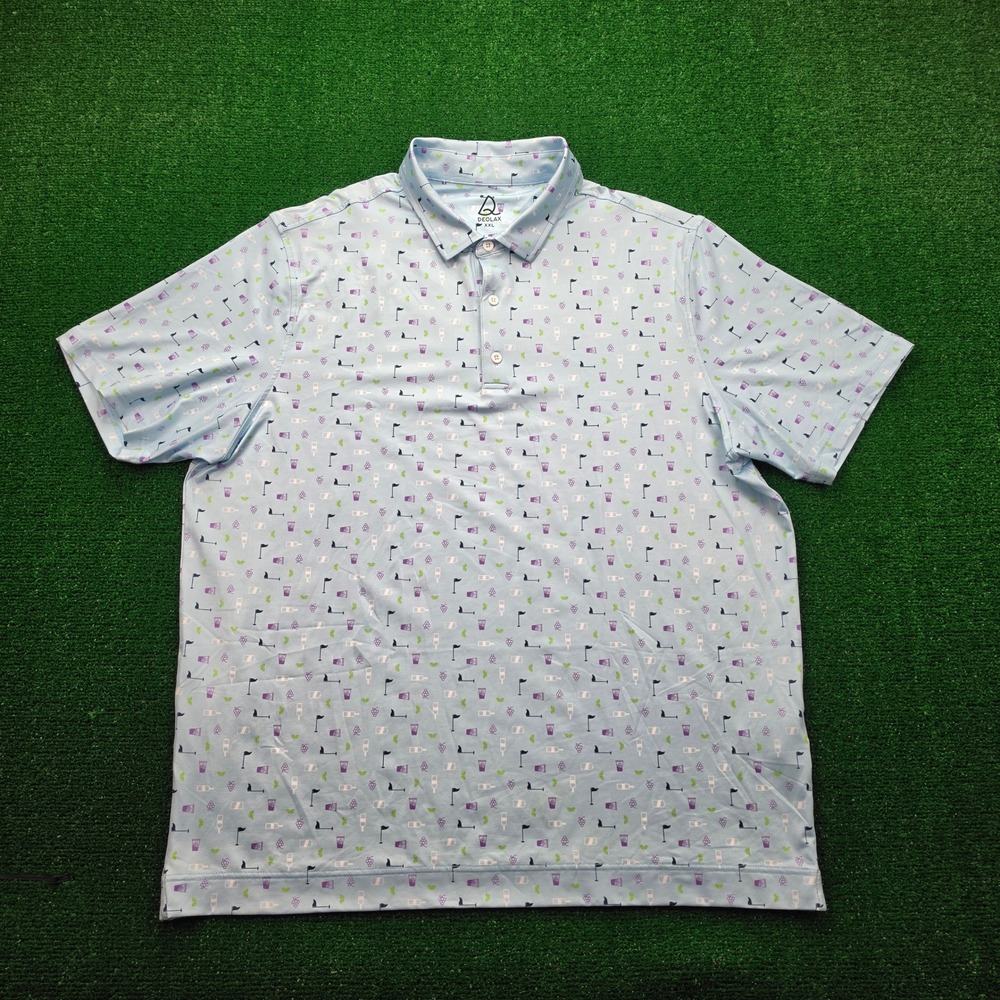 DEOLAX Golf Performance Polo Shirt Mens 2XL Light Blue Beverage Cocktail AOP